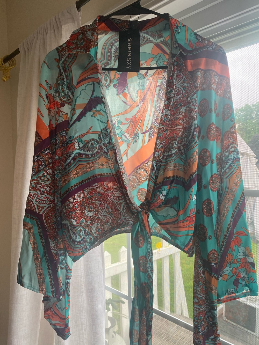 SHEIN SXY Boho Print Sateen Tie Top